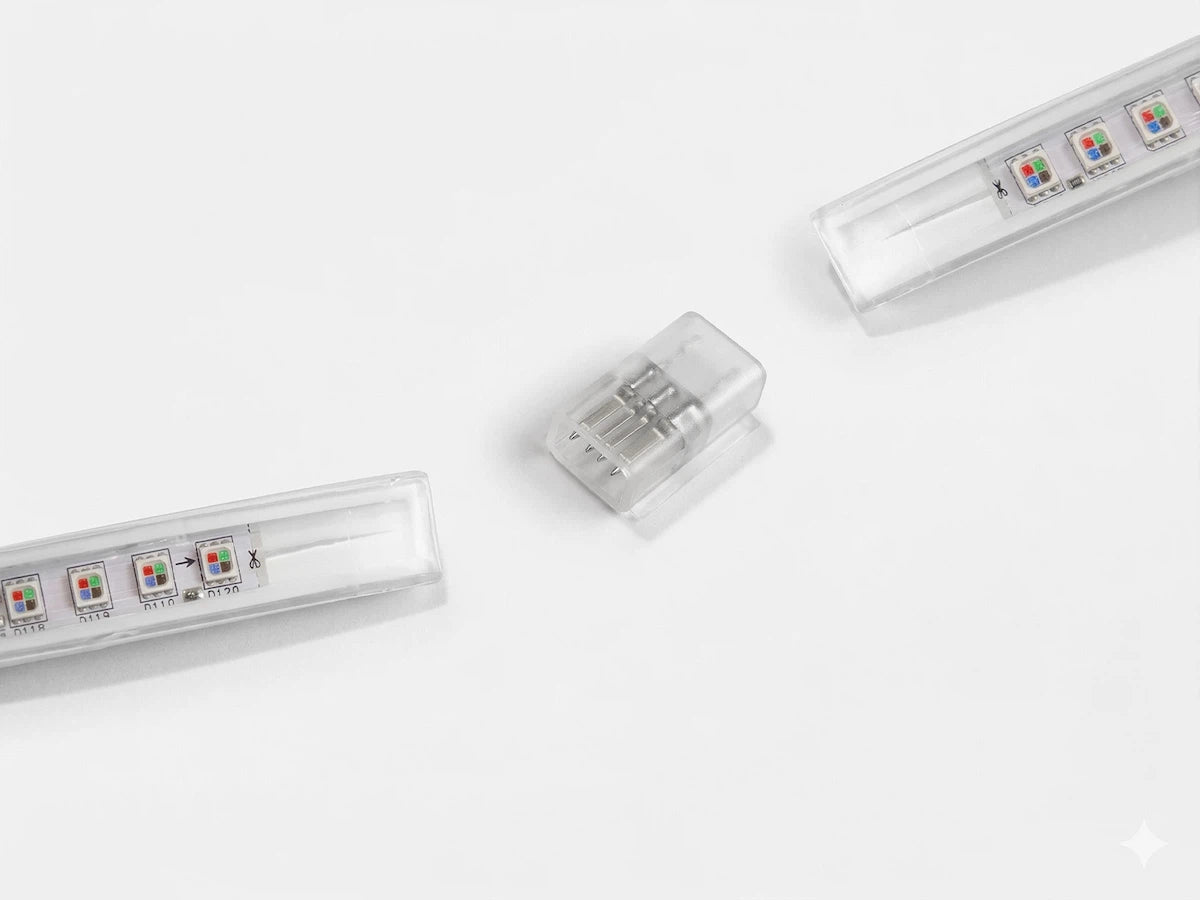 LED Strip 230V RGB koppelstuk 62mm 4-pin IP65, aansluiting en recht van voren (foto 2)