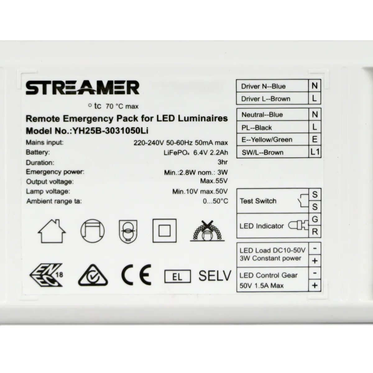 Emergency battery for external LED drivers up to 180 minutes