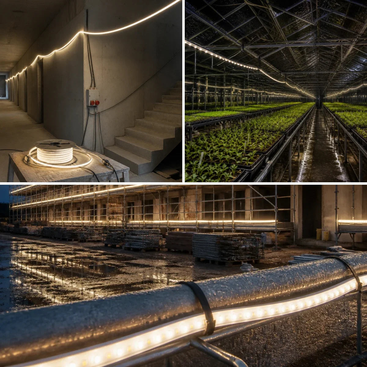 50m LED strip in a building shell, above plants in a greenhouse and along scaffolding on site
