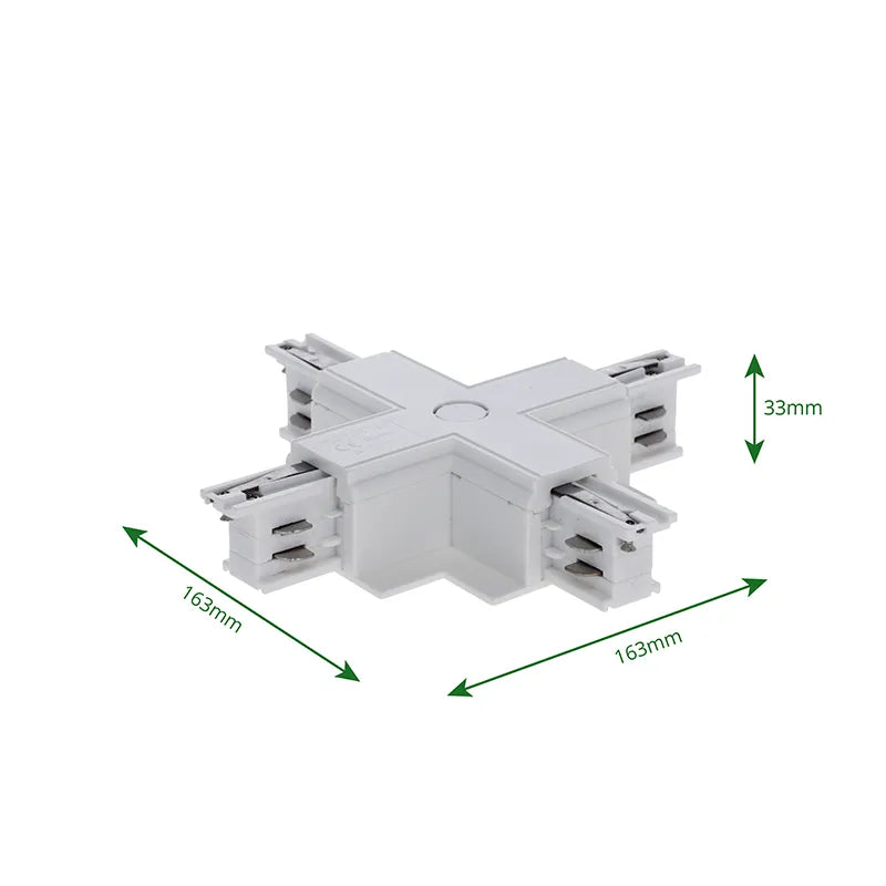 Inbouw 3-fase rail kruis-splitsing connector wit met afmetingen