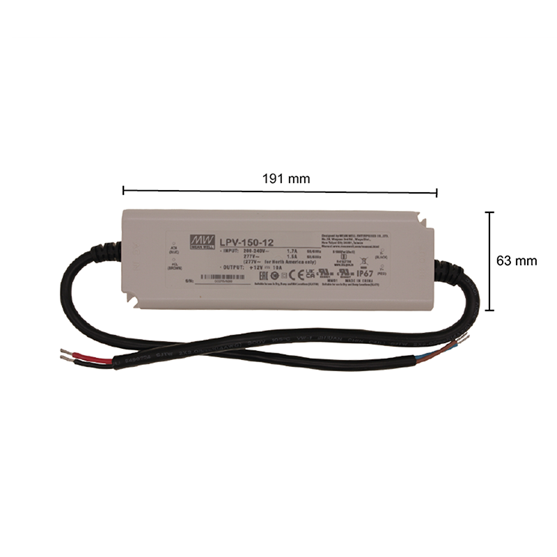Meanwell driver 12V 150W IP67 maataanduiding